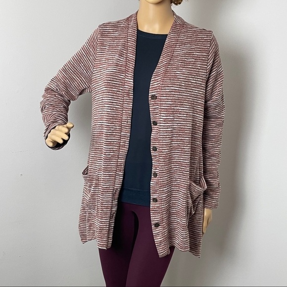 LOGO Lori Goldstein Striped Cardigan – Burgundy, Size M - Picture 1 of 11